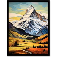Artery8 Swiss Alps Switzerland Oil Painting Snow Capped Peaks Over Idyllic Alpine Meadow Art Print Framed Poster Wall Decor in Black | Size: A4