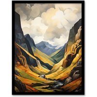 Artery8 Wall Art Print Glencoe Gorge Sunlight Breaking Through Clouds Oil Painting National Park Reserve Art Framed in Black | Size: A4