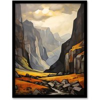 Artery8 Wall Art Print Glencoe Gorge Oil Painting Atmospheric Sunlight Breaking Through Clouds Art Framed in Black | Size: A4