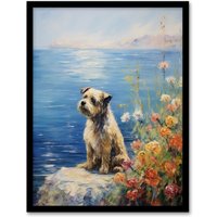 Artery8 Border Terrier On Coastal Cliff Claude Monet Style Dog Oil Painting Art Print Framed Poster Wall Decor in Black | Size: A4