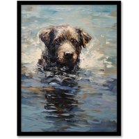 Artery8 Wall Art Print Labrador Retriever Swimming Claude Monet Style Dog Oil Painting Art Framed in Black | Size: A4