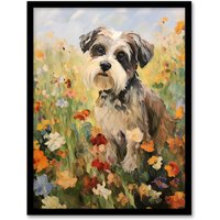 Artery8 Wall Art Print Shih Tzu In Wildflower Field Claude Monet Style Dog Oil Painting Art Framed in Black | Size: A4