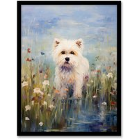 Artery8 West Highland Terrier Claude Monet Style Dog Oil Painting Pastel Colour Portrait Art Print Framed Poster Wall Decor in Black | Size: A4