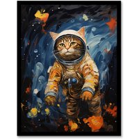 Artery8 Wall Art Print Ground Control To Ginger Tom Artwork Fun Space Cat Oil Painting Art Framed in Black | Size: A4
