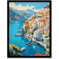 Artery8 Wall Art Print Amalfi Coast Artwork Blue Orange Green Italy Coastal Village Landscape Art Framed in Black | Size: A4