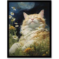 Artery8 Wall Art Print Norwegian Forest Cat Sunbathing In Wildflower Meadow Oil Painting Art Framed in Black | Size: A4