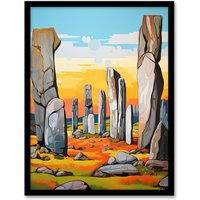Artery8 Wall Art Print Callanish Standing Stones Vibrant Artwork Ancient Stone Circle Isle Of Lewis Scotland Art Framed in Black | Size: A4