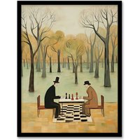 Artery8 Chess In The Park Whimsical Chess Game Pastel Colour Artwork Art Print Framed Poster Wall Decor in Black | Size: A4