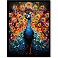 Artery8 Peacock Bird With Bright Vivid Feathers Yellow Red Blue Bold Portrait Artwork Art Print Framed Poster Wall Decor in Black | Size: A4