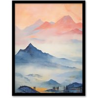 Artery8 Wall Art Print The Blue Misty Hills Of Home Sunset Landscape Watercolour Mist Art Framed in Black | Size: A4