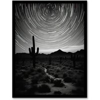 Artery8 Wall Art Print Time Lapse Night Sky Star Trails Across The Night Sky Black White Desert Cactus Art Framed | Size: A4