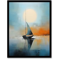 Artery8 Wall Art Print Seascape Modern Abstract Sailboat Boat Artwork Calm Elegant Blue On Orange Art Framed in Black | Size: A4