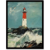 Artery8 Wall Art Print Solitary Lighthouse Against A Stormy Sea Modern Oil Painting Ocean Colours With Red Art Framed in Black | Size: A4