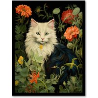 Artery8 Wall Art Print Stylish Black & White Cat Flowers Green Floral Design Peony Art Framed | Size: A4