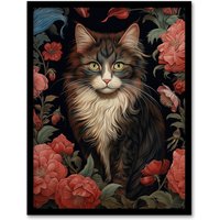 Artery8 Stylish Maine Coon Cat In Pink Flower Garden Floral Design Illustration Artwork Art Print Framed Poster Wall Decor in Black | Size: A4