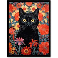 Artery8 Wall Art Print Stylish Black Cat On Red Flowers Floral Design Lucky Witch Art Framed | Size: A4