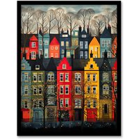 Artery8 Townhouse Row Bright Coloured Streets City Autumn Modern Painting Art Print Framed Poster Wall Decor in Black | Size: A4