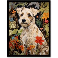 Artery8 White Cream Border Terrier On Elegant Floral Backdrop William Morris Style Jungle Flowers Artwork Art Print Framed Poster Wall Decor