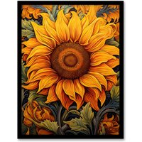 Artery8 Wall Art Print Single Sensational Summer Sunflower Bright Floral Vibrant Yellow William Morris Style Pattern Art Framed in Black | Size: A4