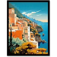 Artery8 Amalfi Coast Artwork Italy Cliffside Villages Overlooking Azure Mediterranean Sea Art Print Framed Poster Wall Decor | Size: W12" x H16"