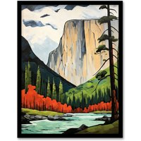 Artery8 El Capitan Autumn Colours Artwork Striking Landmark In Yosemite National Park Art Print Framed Poster Wall Decor in Black | Size: W12" x H16"
