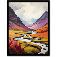Artery8 Wall Art Print Scotland Glencoe Valley Oil Painting Majestic Mountains & River With Heather Shrubs Art Framed in Black | Size: W12" x H16"