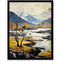 Artery8 Scottish Highlands In Autumn Oil Painting Ochre Blue Misty Mountains & Serene Lake Art Print Framed Poster Wall Decor | Size: W12" x H16"