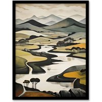 Artery8 Wall Art Print Scottish Highlands Stylised Oil Painting Boho Mountain Hills & Lakes Art Framed in Black | Size: W12" x H16"