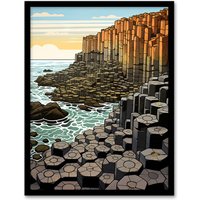 Artery8 The Giants Causeway Artwork Ireland Coastal Cliffs Volcanic Formation Irish Sea Art Print Framed Poster Wall Decor | Size: W12" x H16"