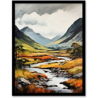 Artery8 Wall Art Print Glencoe Valley Oil Painting Scotland Majestic Mountain Range & River Coe Art Framed | Size: W12" x H16"