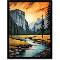 Artery8 Yosemite National Park Vibrant Artwork Sunset Over El Capitan Art Print Framed Poster Wall Decor in Black | Size: W12" x H16"