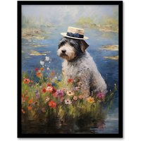 Artery8 Wall Art Print Bearded Collie Wearing Hat Claude Monet Style Dog Oil Painting Art Framed in Black | Size: W12" x H16"