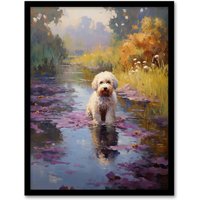 Artery8 Wall Art Print White Cockapoo Dog & Purple Water Irises Claude Monet Style Oil Painting Art Framed in Black | Size: W12" x H16"