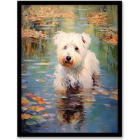 Artery8 Wall Art Print West Highland Terrier Autumn Lake Walk Claude Monet Style Dog Oil Painting Art Framed in Black | Size: W12" x H16"