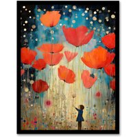 Artery8 Wall Art Print Poppy Dreams Oil Painting Kids Bedroom Child In Wildflower Meadow Of Giant Poppies Art Framed in Black | Size: W12" x H16"