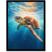 Artery8 Wall Art Print Sea Turtle Barbados Marine Swimming Blue Clear Water Art Framed in Black | Size: W12" x H16"