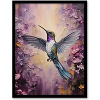 Artery8 Wall Art Print Hummingbird In An Abstract Lavender Flower Field Bright Oil Painting Art Framed in Black | Size: W12" x H16"