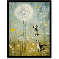 Artery8 The Giant Dandelion & Curious Dogs Bright Oil Painting Art Print Framed Poster Wall Decor in Black | Size: W12" x H16"