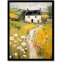 Artery8 Welsh Countryside Cottage Rolling Hills Wildflowers Bright Framed Art in Yellow | Size: W12" x H16"