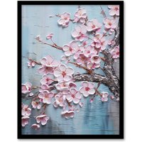 Artery8 Wall Art Print Cherry Blossom Splendor Delicate Elegant Pink & Soft Blue Oil Painting Art Framed | Size: W12" x H16"