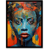Artery8 Contemporary African Woman Palette Knife Painting Artwork Portrait Art Print Framed Poster Wall Decor in Black | Size: W12" x H16"