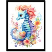 Artery8 Wall Art Print Cute Seahorse Watercolour Artwork Fun Kids Bedroom Nursery Art Framed in Black | Size: W12" x H16"