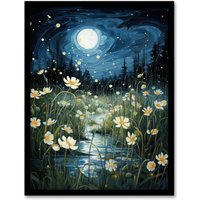 Artery8 Moonlit Dancing Fireflies By Buttercup Brook Artwork Full Moon Night Moonlight Art Print Framed Poster Wall Decor in Black | Size: W12" x H16"