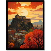 Artery8 Edinburgh Castle Oil Twilight In Autumn Cityscape Framed Art Print in Red | Size: W12" x H16"
