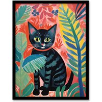 Artery8 Henri Matisse Style Black Cat In The Jungle Acrylic Painting Art Print Framed Poster Wall Decor | Size: W12" x H16"