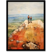 Artery8 The View Was Worth The Wait Hikers Reach The Summit Oil Painting Art Print Framed Poster Wall Decor in Black | Size: W12" x H16"
