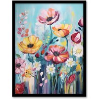 Artery8 Wall Art Print Teal Pink Yellow Flowers Elegant Watercolour Artwork Wildflower Meadow Art Framed in Black | Size: W12" x H16"