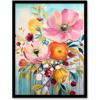 Artery8 Teal Pink Yellow Flowers Bright Elegant Oil Painting Vibrant Spring Blooms Art Print Framed Poster Wall Decor in Black | Size: W12" x H16"