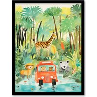 Jungle Safari Adventure Animals Bedroom Nursery Giraffe Lion Watercolour Artwork Art Print Framed Poster Wall Decor W12" x H16"