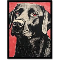 Artery8 Wall Art Print Black Lab Labrador Dog Portrait On Coral Backdrop Lino Risograph Riso Art Framed | Size: W12" x H16"